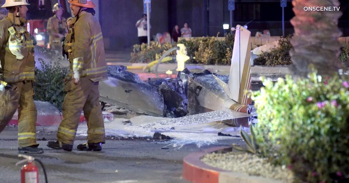 Small plane crashes in street, bursts into flames in Hawthorne