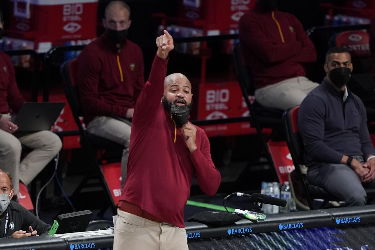 Cleveland Cavaliers' John-Blair Bickerstaff calls out to his team during the second half of an NBA basketball game against the Brooklyn Nets Sunday, May 16, 2021, in New York. (AP Photo/Frank Franklin II)