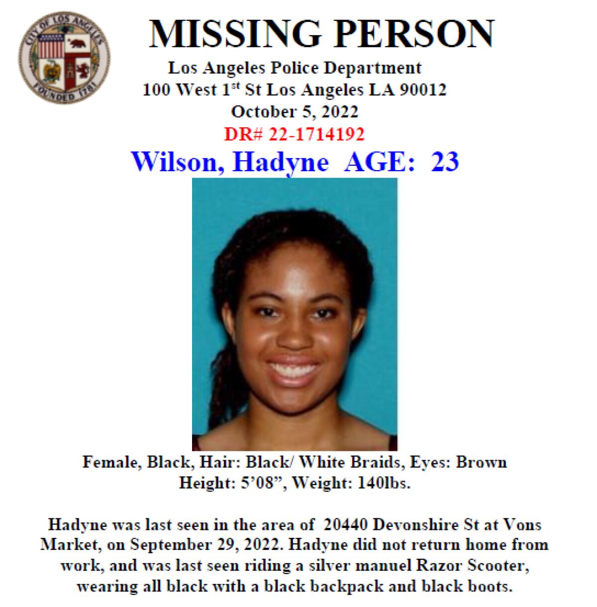 A missing person poster for Hadyne Wilson, age 23