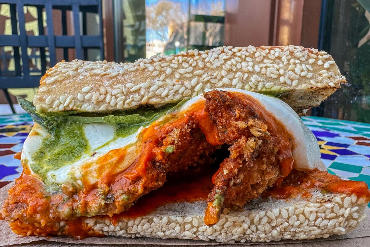 The Spicy P, a chicken parm sandwich dressed in vodka sauce, at the new West Hollywood location of Ggiata.