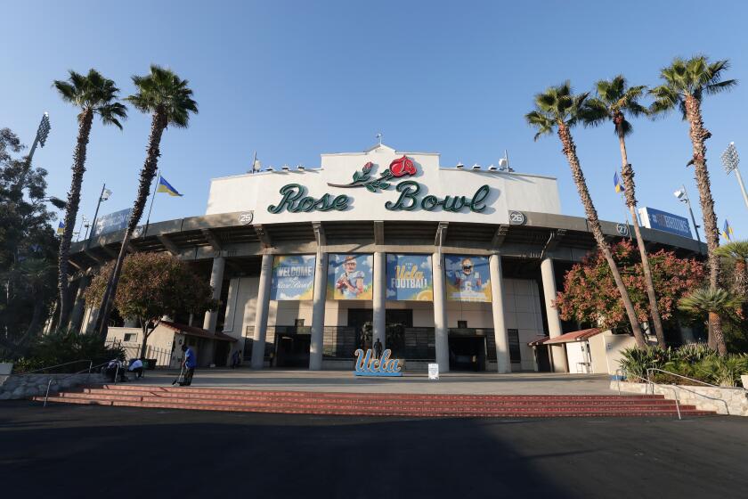 The Rose Bowl before an NCAA college football game between UCLA and Nebraska, Saturday, Nov. 8, 2025, in Pasadena, Calif. (AP Photo/Ethan Swope)