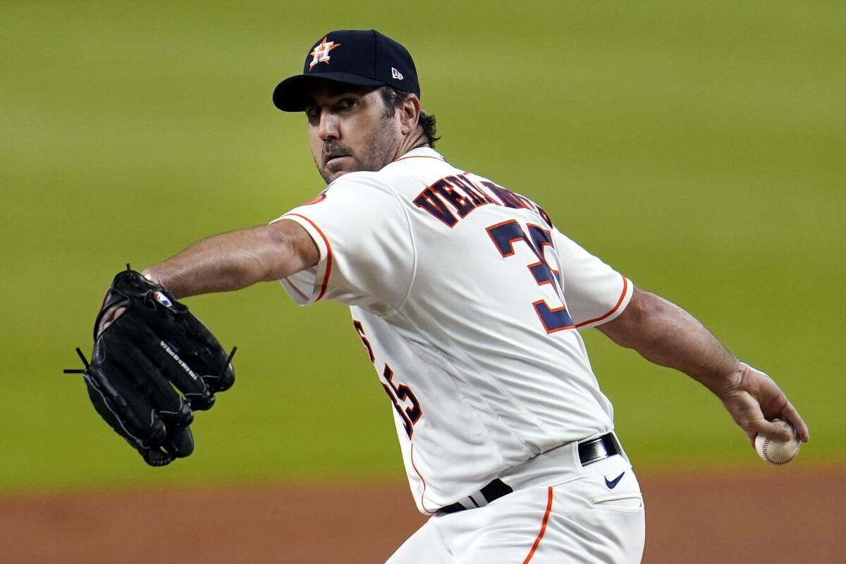 In this file photo, Astros starting pitcher Justin Verlander delivers a pitch against the Mariners during a game in Houston.