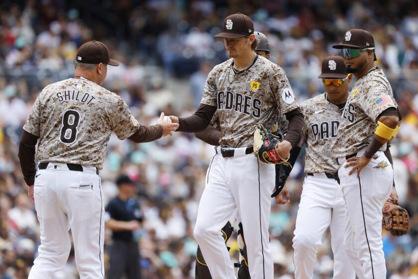 San Diego, CA - June 9: San Diego Padres pitcher Adam Mazur was pulled from the game in the fourth inning by manager Mike Shildt against the Arizona Diamondbacks at Petco Park on Sunday, June 9, 2024. (K.C. Alfred / The San Diego Union-Tribune)