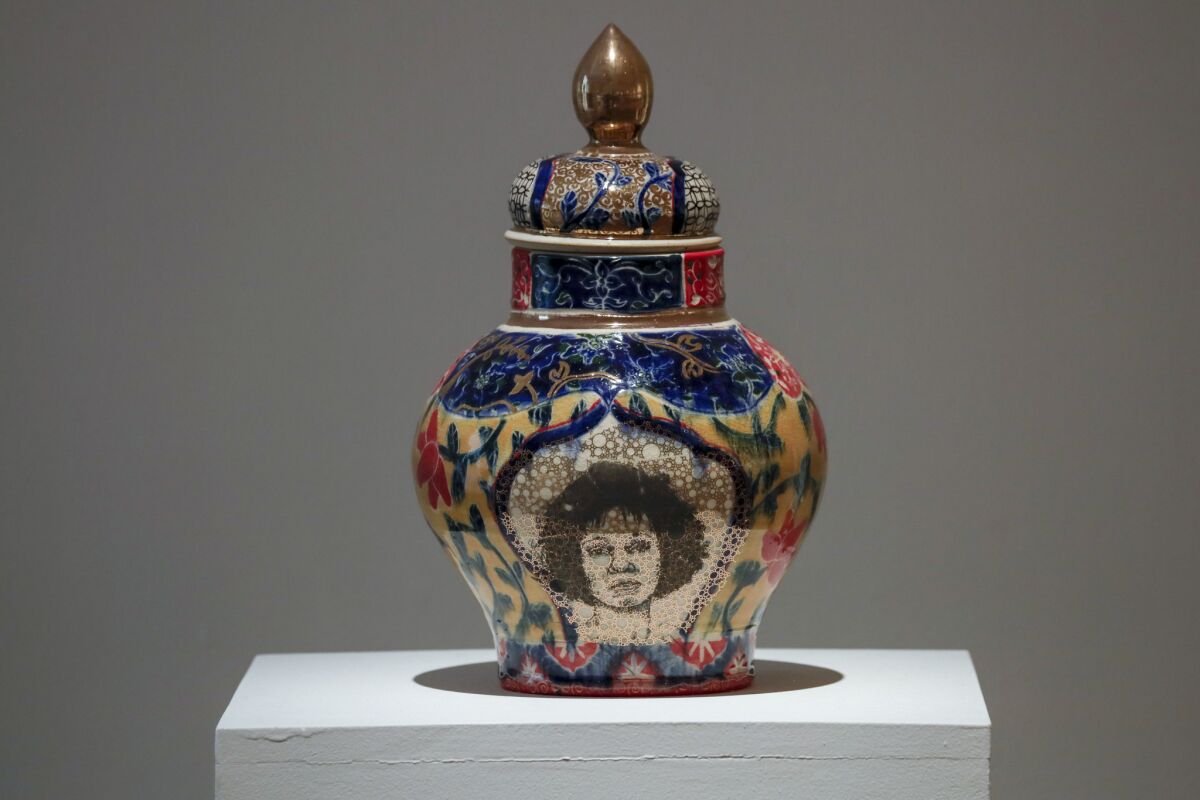 "Whitney Houston/Shirley Chisholm Urn" by Roberto Lugo, 2017, in porcelain, china paint and luster, part of the Scripps College Ceramic Annual.