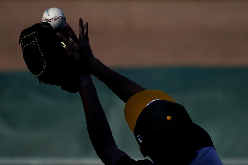 Un fanático atrapa una pelota durante el juego de exhibición entre los Rojos de Cincinnati y los Atléticos de Oakland en Mesa, Arizona, el lunes 1 de marzo de 2021. (AP Foto/Matt York)