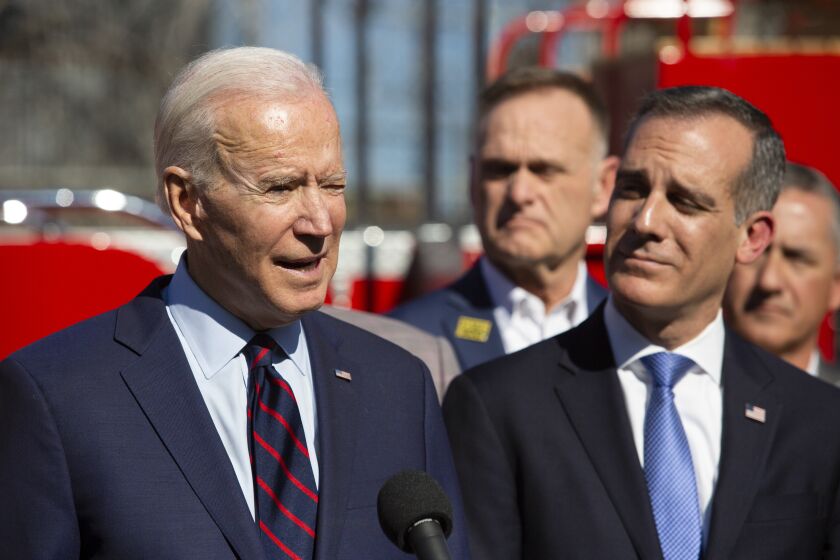 LOS ANGELES, CA-JANUARY 10, 2019: Vice President and Democratic candidate Joe Biden speaks after beign endorsed by Mayor Eric Garcetti at the United Firefighters of Los Angeles City headquarters. (Gabriella Angotti-Jones/Los Angeles Times)