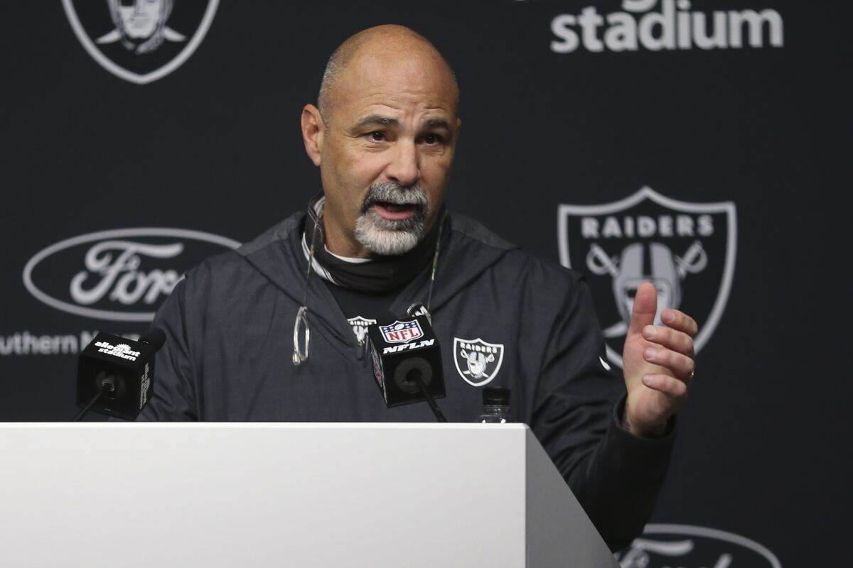FILE - Las Vegas Raiders interim head coach Rich Bisaccia attends a news conference after an NFL football game against the Los Angeles Chargers, Sunday, Jan. 9, 2022, in Las Vegas. Bisaccia took over as Las Vegas’ interim head coach midway through last season and helped the Raiders earn their first playoff berth in five years. Now he’s an assistant on a new staff facing a new challenge as he tries to end the Green Bay Packers’ struggles on special teams. (AP Photo/Ellen Schmid, File)