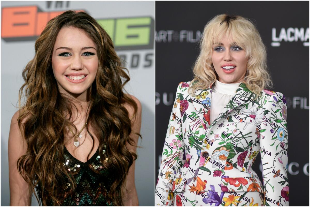 Separate photos show Miley Cyrus as a teen in a black dress and as an adult in a floral jacket over a white turtleneck