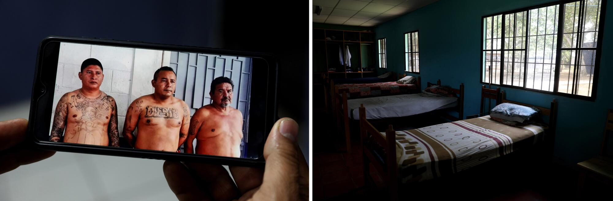 At left, a cellphone image of three tattooed men; on the right, neatly made twin beds in a room with windows
