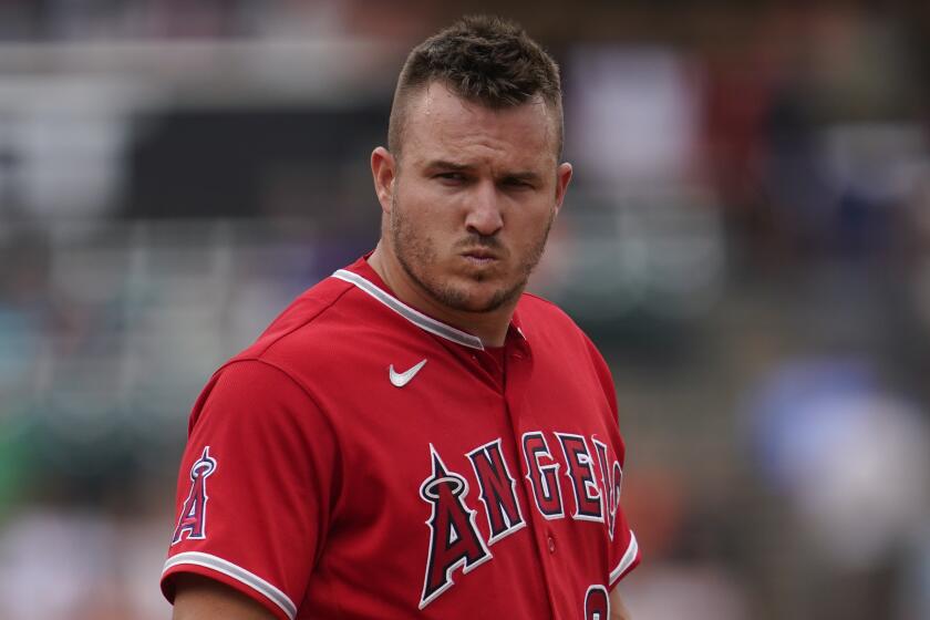 Los Angeles Angels' Mike Trout plays against the Detroit Tigers in the seventh inning of a baseball game.
