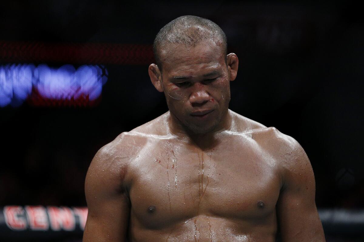 SUNRISE, FLORIDA - APRIL 27: Ronaldo Souza of Brazil reacts during his middleweight bout against Jack Hermansson of Sweden at UFC Fight Night at BB&T Center on April 27, 2019 in Sunrise, Florida. (Photo by Michael Reaves/Getty Images)