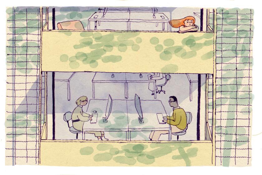 Illustration of two figures working on computers, view from outside balcony. Above another figure is not working.