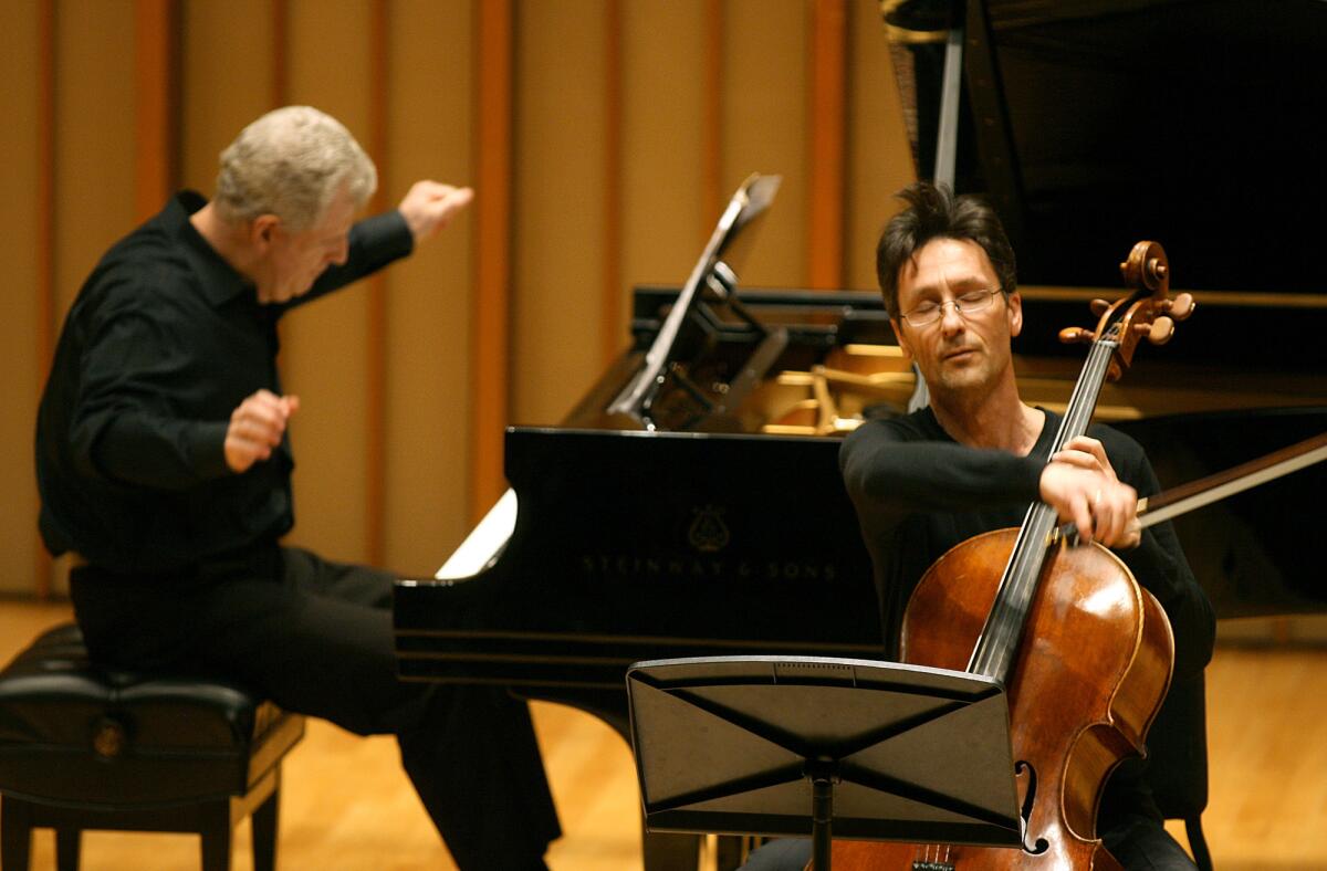 Mark Robson, left, and Antonio Lysy pictured in a Dilijan Chamber Music Series performance at Zipper Hall at the Colburn School.