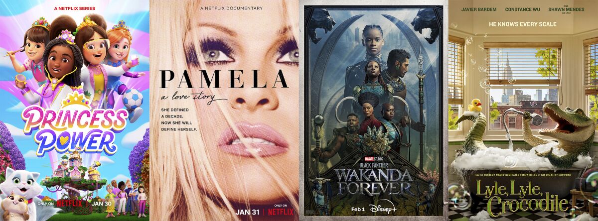 This combination of photos shows promotional at for "Princess Power," a series premiering Jan 30, "Pamela: A Love Story," premiering Jan. 31, "Black Panther: Wakanda Forever," premiering Feb. 1, and "Lyle, Lyle Crocodile" premiering on Feb. 4. (Netflix/Netflix/Disney+/Netflix via AP)