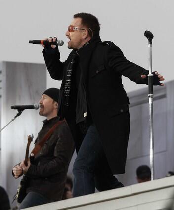 U2's Bono and the Edge perform at the We Are One concert at the Lincoln Memorial