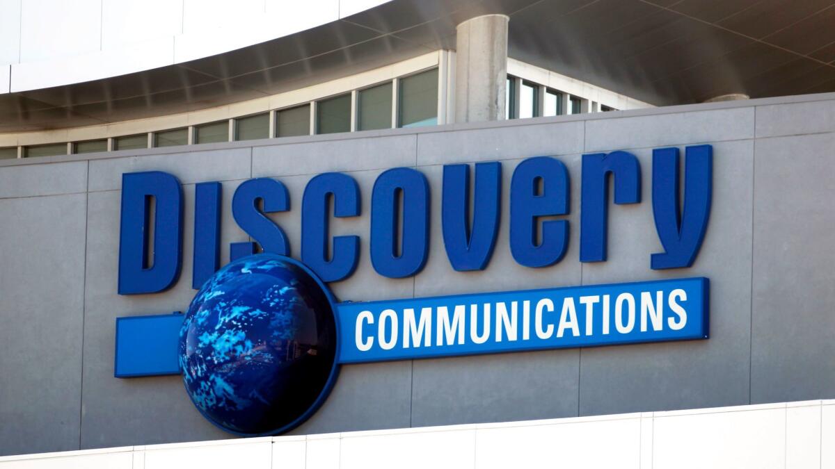 A Discovery Communications sign at its headquarters in Silver Spring, Md.