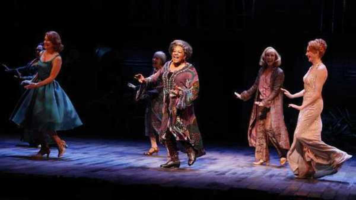 The "Follies" "Who's That Woman?" number during dress rehearsal, performed by, front row, from left, Victoria Clark as Sally, Terri White as Stella and Jan Maxwell as Phyllis. Second row, from left, Florence Lacey as Sandra, Susan Watson as Emily and Colleen Fitzpatrick as DeeDee. At the Ahmanson Theatre.