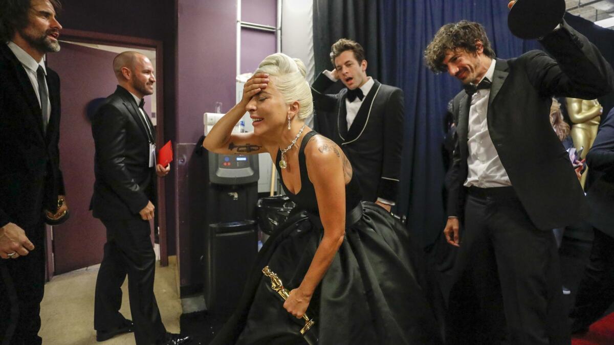 Lady Gaga backstage after "Shallow" won the Academy Award for best song.