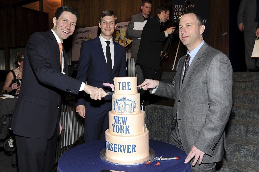 FILE— New York Observer editor Ken Kurson, right, publisher Jared Kushner, center, and CEO Joseph Meyer, attend The New York Observer's 25th anniversary party, in New York, March 14, 2013. Kursen, who received a pardon from former President Donald Trump, pleaded guilty Wednesday, Feb. 16, 2022, to state cyberstalking charges in New York in a deal that could eventually see the case dropped. (Photo by Evan Agostini/Invision/AP, File)