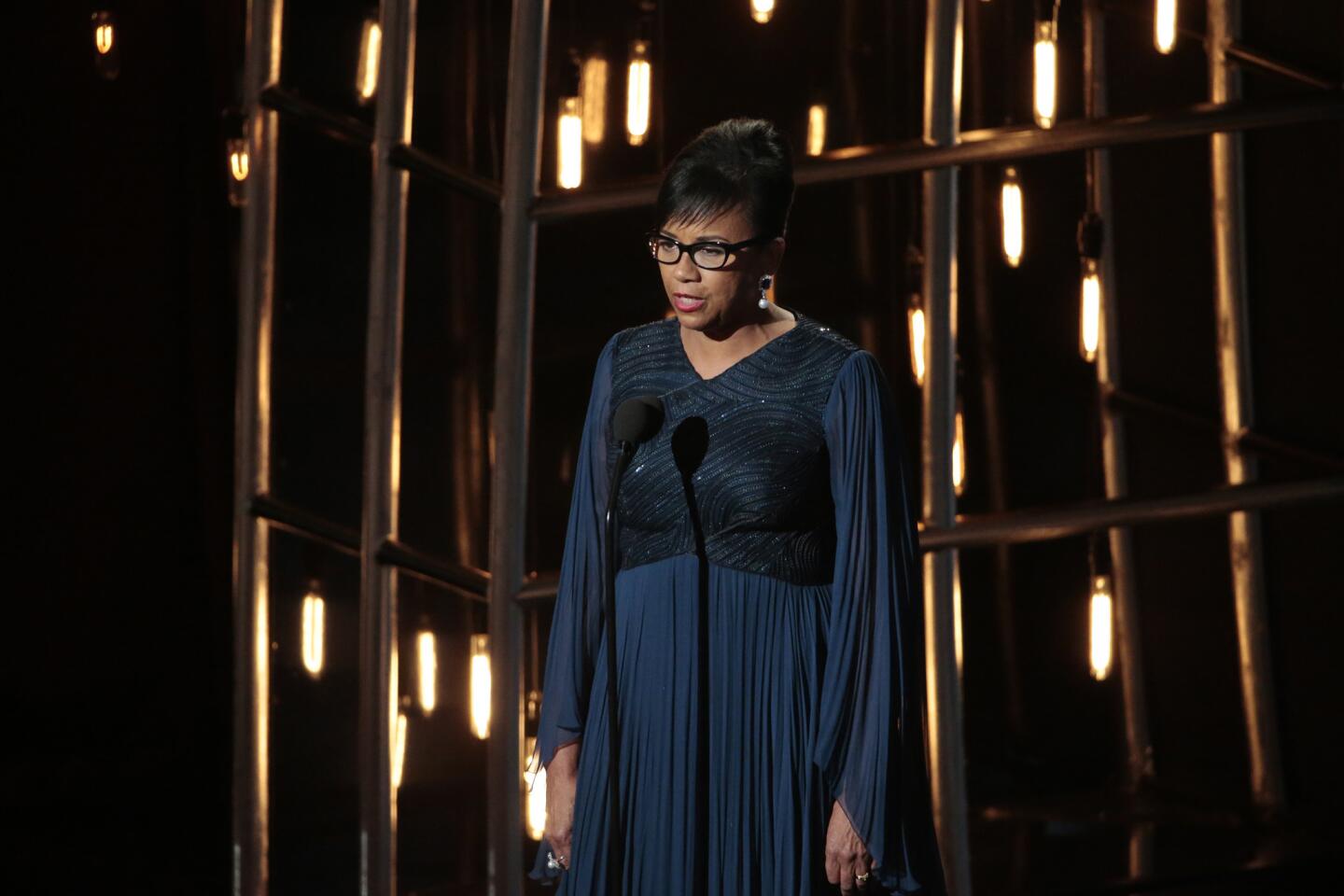 Academy of Motion Picture Arts and Sciences President Cheryl Boone Isaacs speaks at the Oscars.