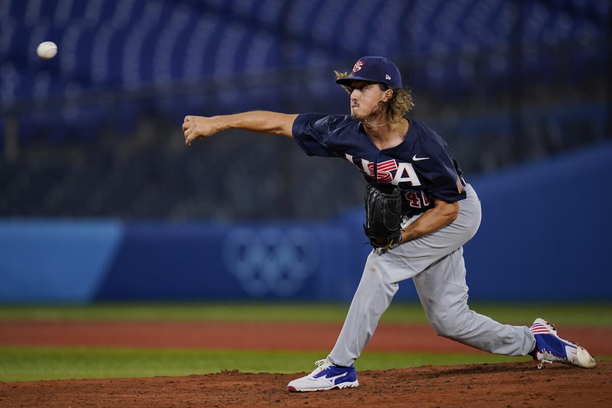Joe Ryan of the U.S. pitches against Israel at the Tokyo Olympics.