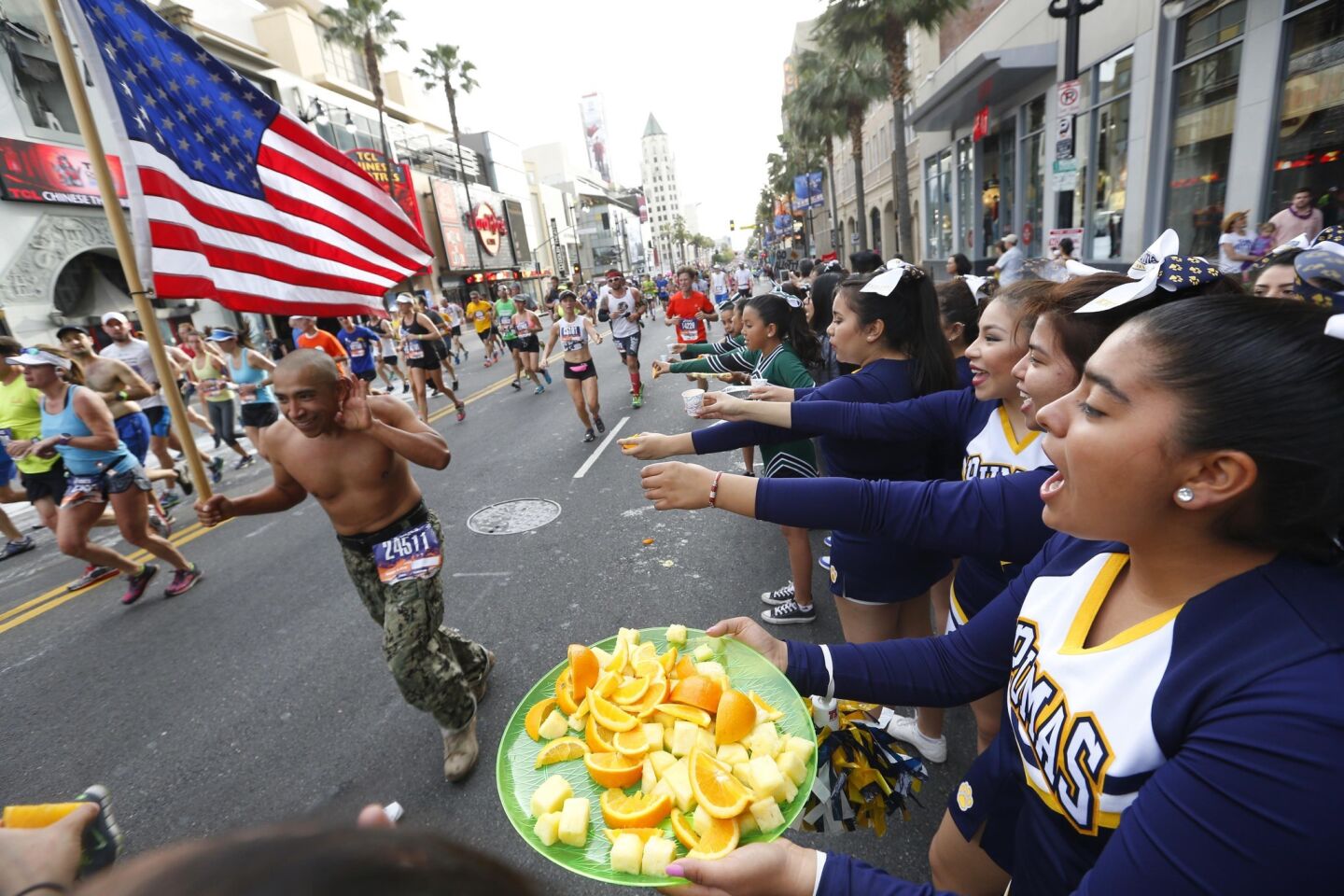 Runners along Hollywood Blvd. during the 30th Los Angeles Marathon.