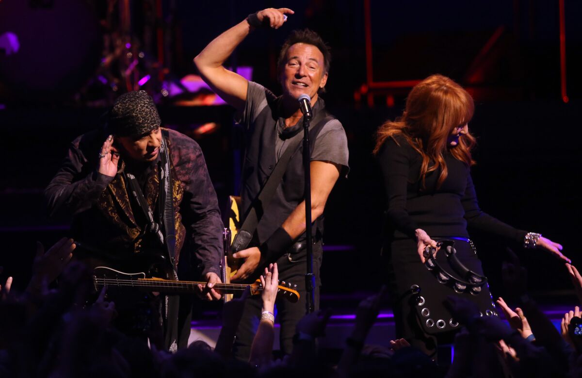 Steven Van Zandt, Bruce Springsteen and Patti Scialfa perform at the Los Angeles Sports Arena on March 15.