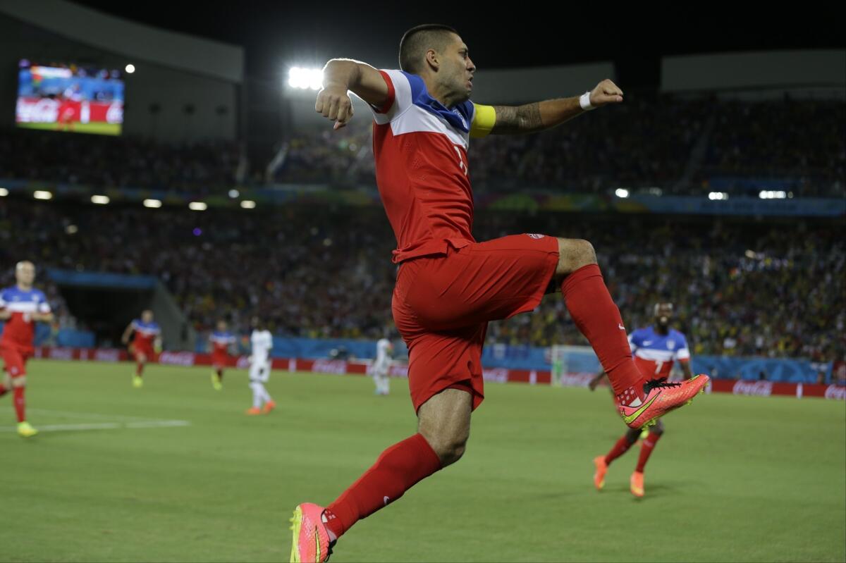 United States' Clint Dempsey celebrates after scoring the opening goal against Ghana during their World Cup game on Monday.