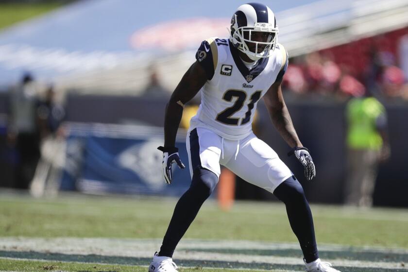 Los Angeles Rams defensive back Aqib Talib stands on the field during an NFL football game against the Los Angeles Chargers Sunday, Sept. 23, 2018, in Los Angeles. (AP Photo/Jae C. Hong)