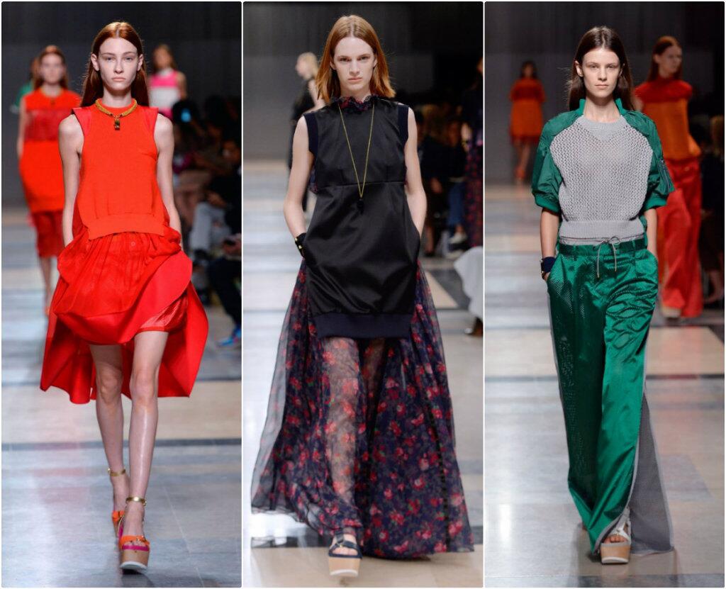 Looks from the spring 2014 Sacai women's ready-to-wear runway collection are presented during Paris Fashion Week.