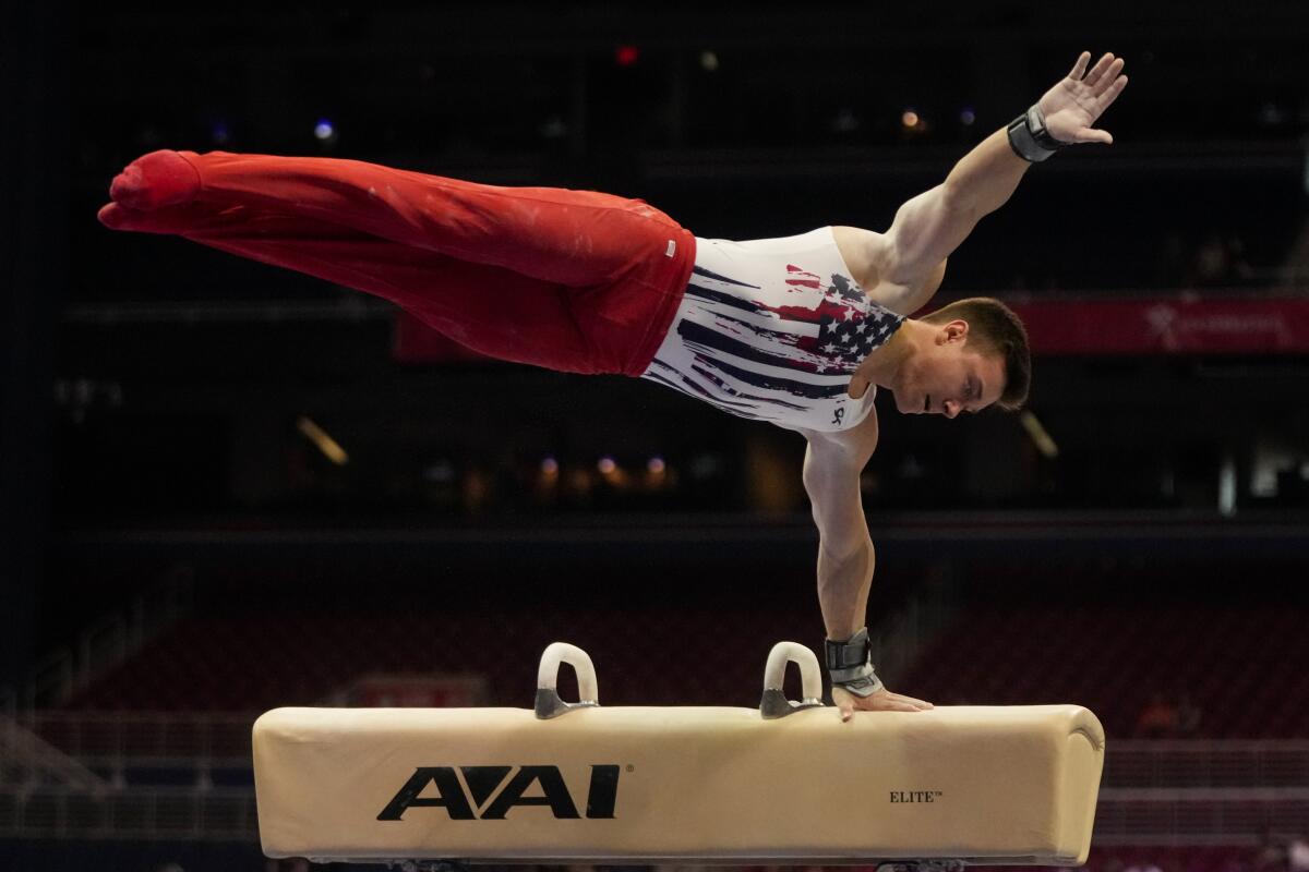 Brody Malone competes on the pommel horse during the men's U.S. Olympic gymnastics trials June 26 in St. Louis. 