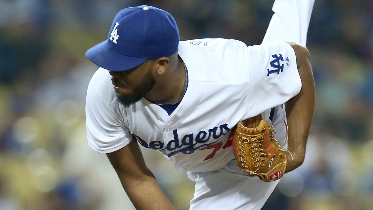 Dodgers closer Kenley Jansen pitches during the ninth inning of the team's 1-0 win over the Cleveland Indians at Dodger Stadium on Monday.
