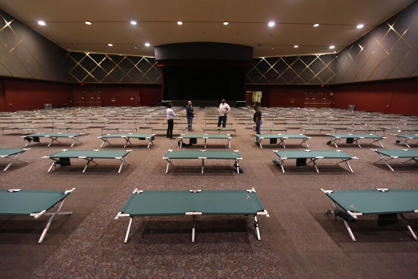 The city is working on opening a new 240 bed homeless shelter at Golden Hall in San Diego on March 23, 2020. Officials are opening more shelters to get homeless off the streets in an effort to slow the spread of coronavirus.