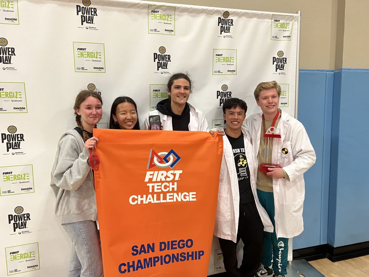 Ava Tasende, Lizzie Yoon, Roland Breise, Jax Espinosa and Trey Guccini at the First Tech Challenge Regional Championship.