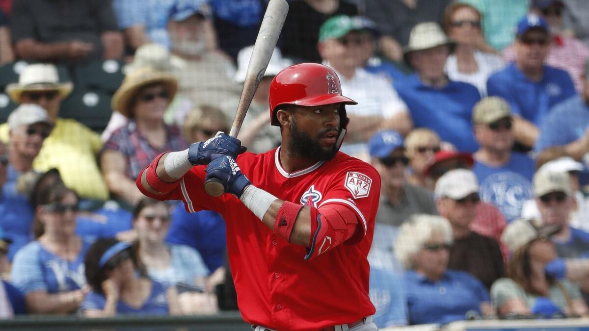 Angels' Jo Adell bats against the Kansas City Royals in a spring training game Thursday in Surprise, Ariz.