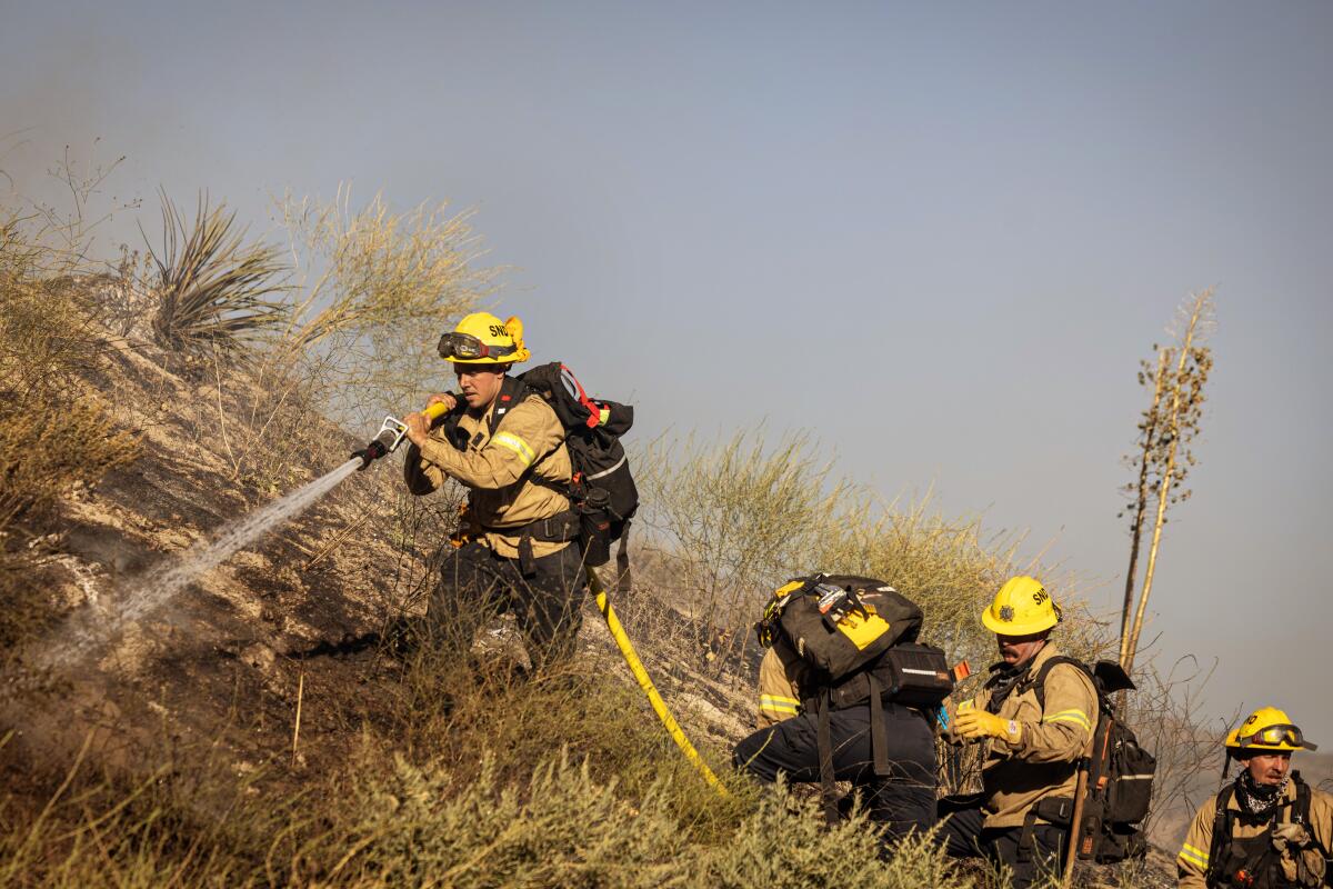 Fire crews spray water in a grassy area 