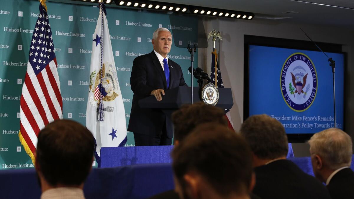 Vice President Mike Pence speaks at the Hudson Institute in Washington on Oct. 4. Pence said China was using its power in "more proactive and coercive ways to interfere in the domestic policies and politics of the United States."