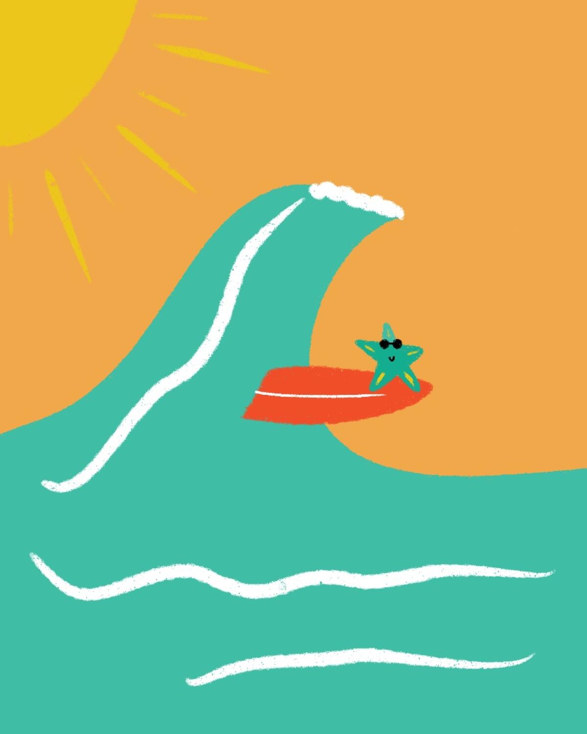 Illustration of starfish riding a wave on a surfboard.