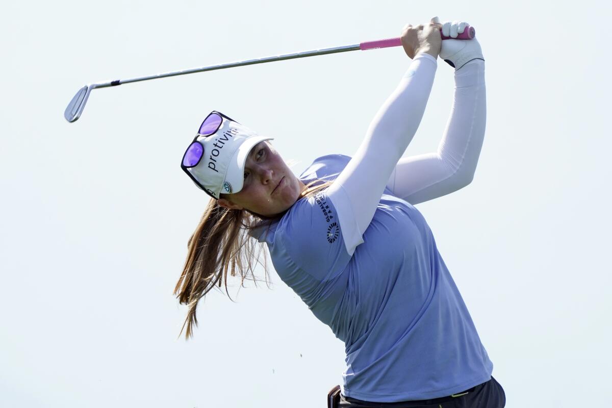 Jennifer Kupcho hits from the eighth tee in the Chevron Championship on April 2, 2022.