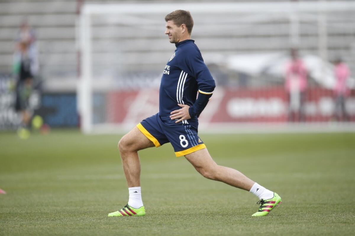 Galaxy midfielder Steven Gerrard stretches during a game against Colorado on March 12.