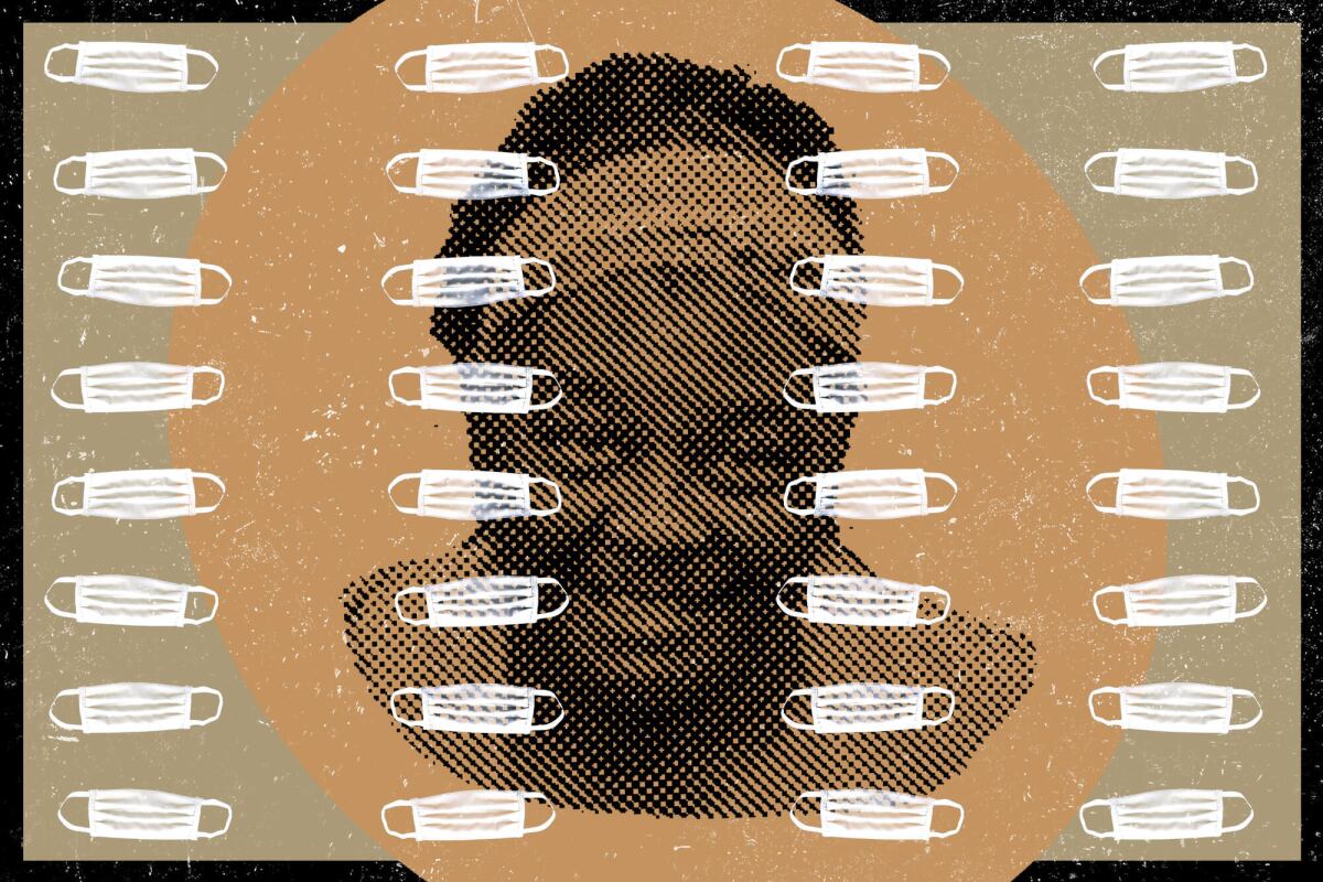 An illustration of face masks superimposed over a woman's face