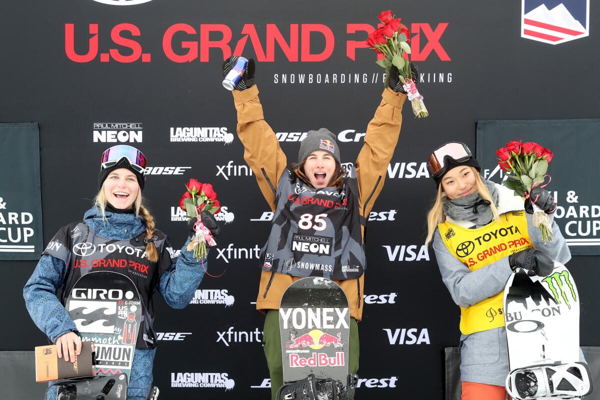 SNOWMASS, CO - JANUARY 13: Maddie Mastro #3, Queralt Castellet #85 of Spain and Chloe Kim #1 pose for photographers on the medals podium after the Ladies Snowboard Halfpipe final during the Toyota U.S. Grand Prix on January 13, 2018 in Snowmass, Colorado. (Photo by Matthew Stockman/Getty Images) ** OUTS - ELSENT, FPG, CM - OUTS * NM, PH, VA if sourced by CT, LA or MoD **