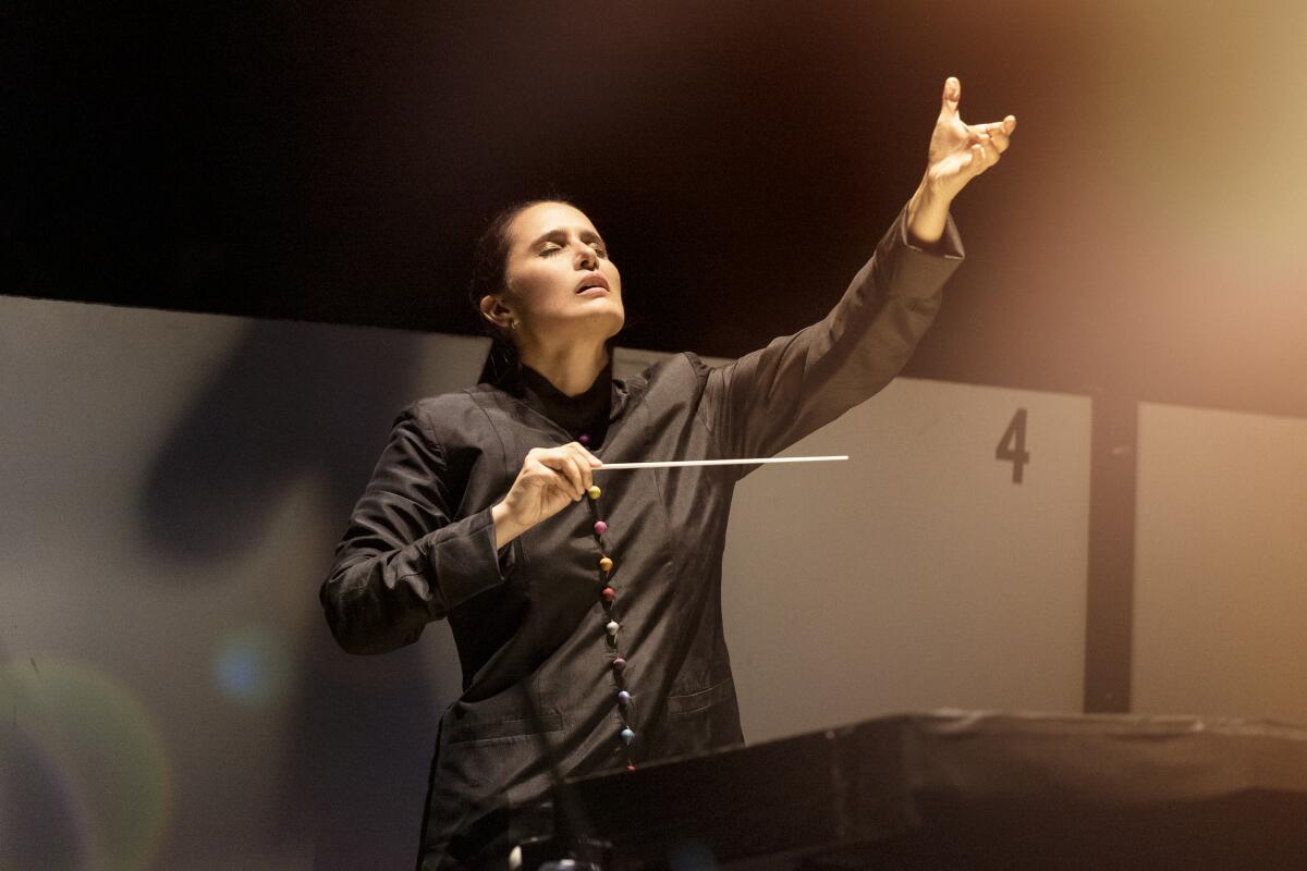 A conductor conducts an orchestra.