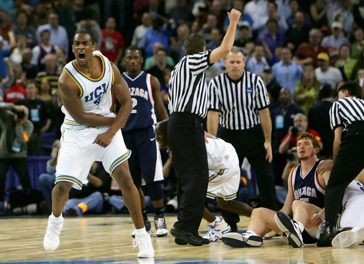 UCLA's Arron Afflalo, left, celebrates during the final moments of the Bruins' 73-71 win over Gonzaga in 2006.