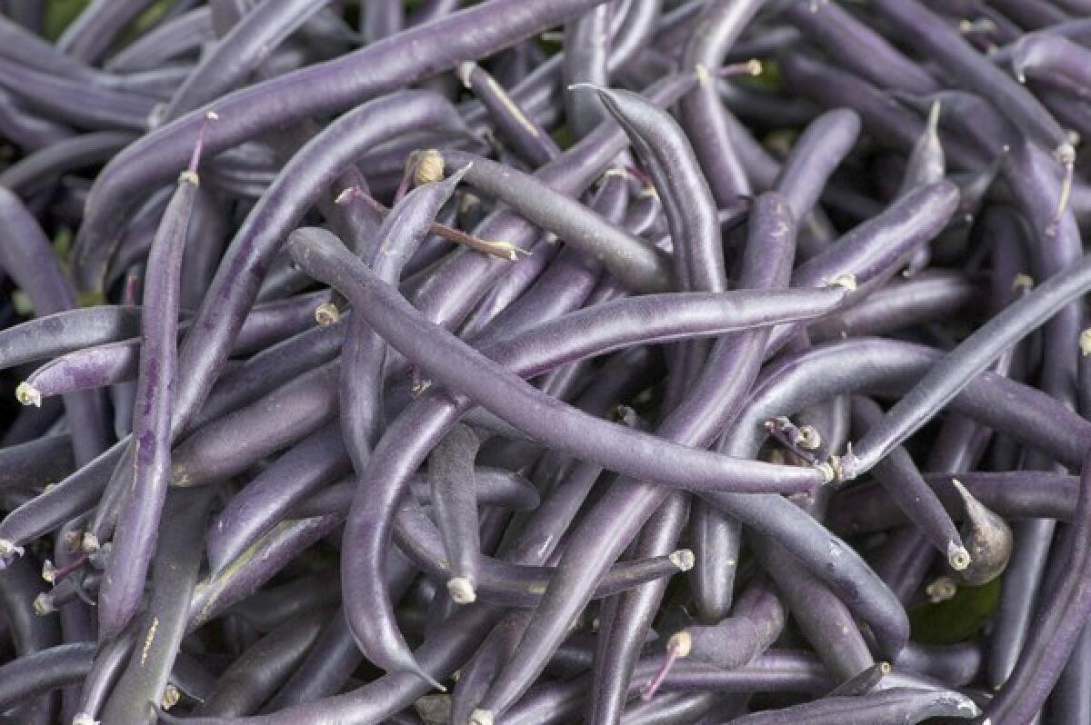Purple Queen beans grown by J.R. Organic Farms in Escondido, at the Laguna Beach farmers market. Keep clicking to see other fruit and produce sold at the market.