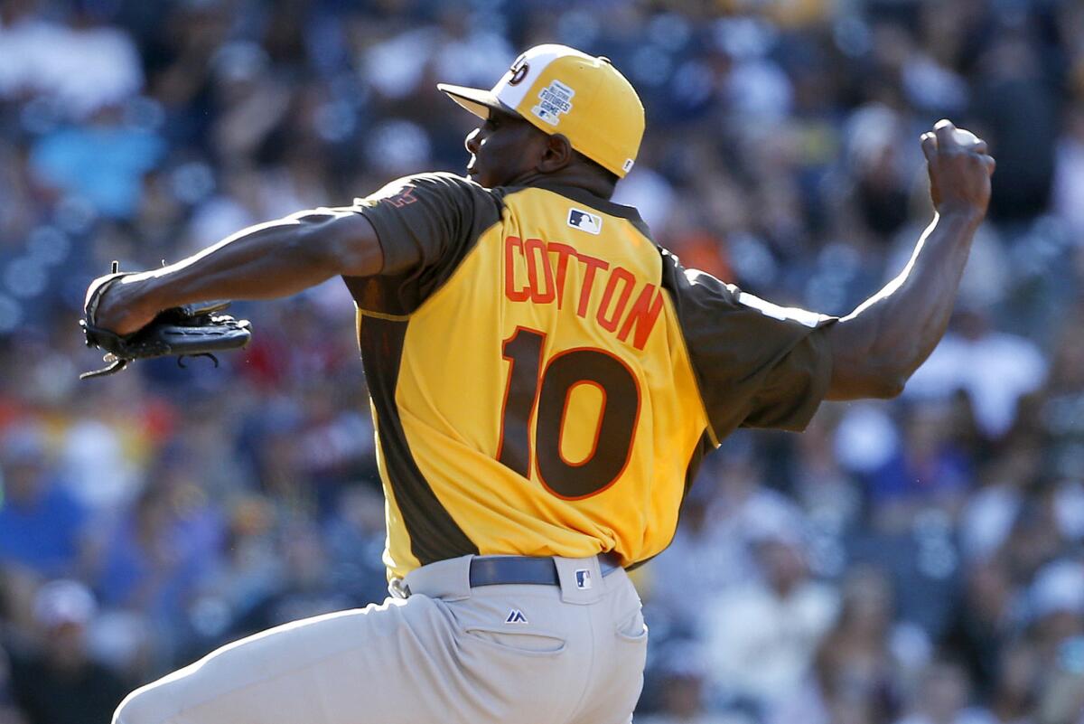 Dodgers prospect Jharel Cotton pitches for the World Team during the sixth inning of the All-Star Futures Game at Petco Park.