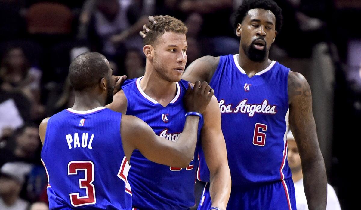 Point guard Chris Paul (3), forward Blake Griffin and center DeAndre Jordan (6) will try to lead the Clippers past the Spurs in a deciding Game 7 on Saturday night at Staples Center.