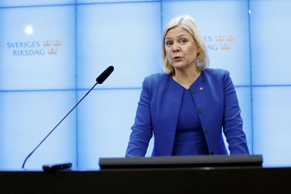 Sweden's Minister of Finance Magdalena Andersson and party chairman of the Social Democratic Party speaks, during a press conference after her meeting with the Swedish speaker of Parliament, in Stockholm, Thursday, Nov. 11, 2021. (Fredrik Persson/TT News Agency via AP)