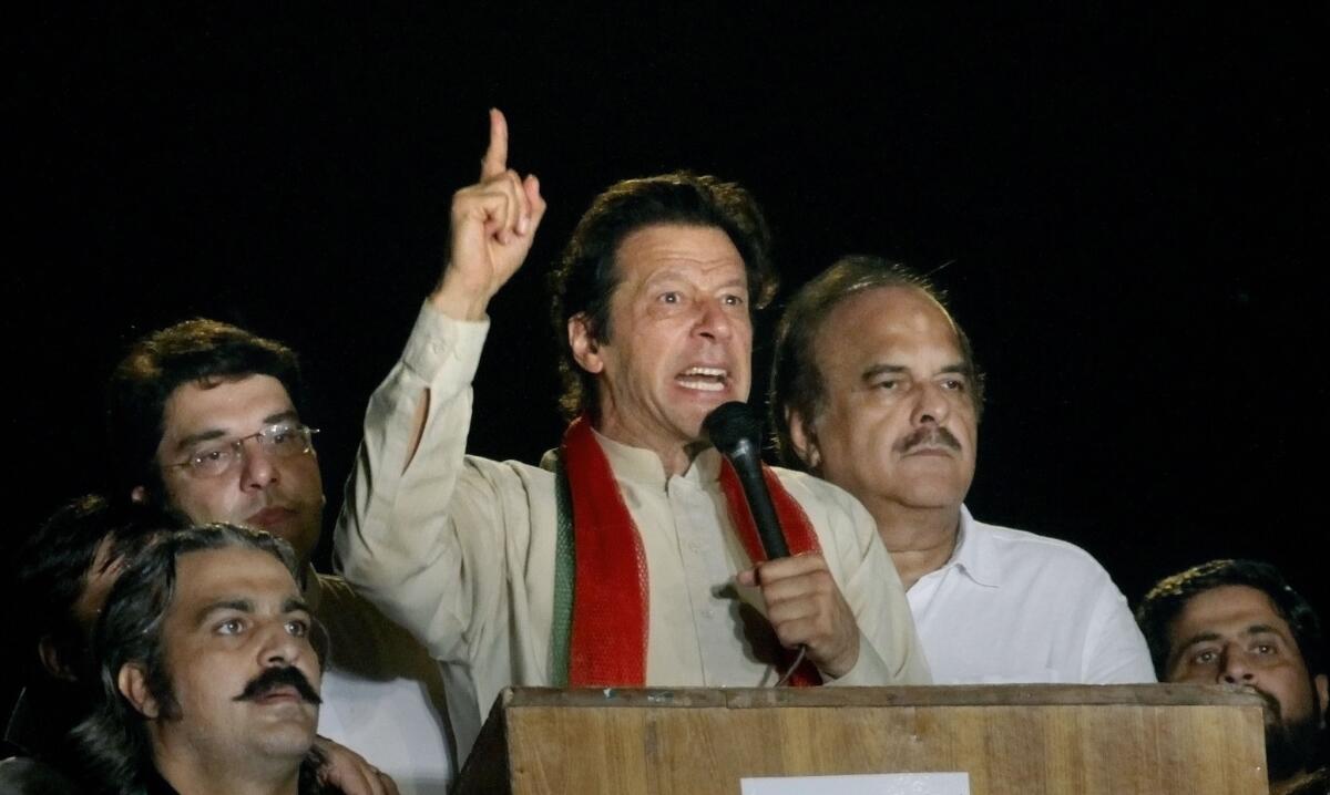 Pakistani opposition leader Imran Khan delivers a speech in Islamabad on Monday.