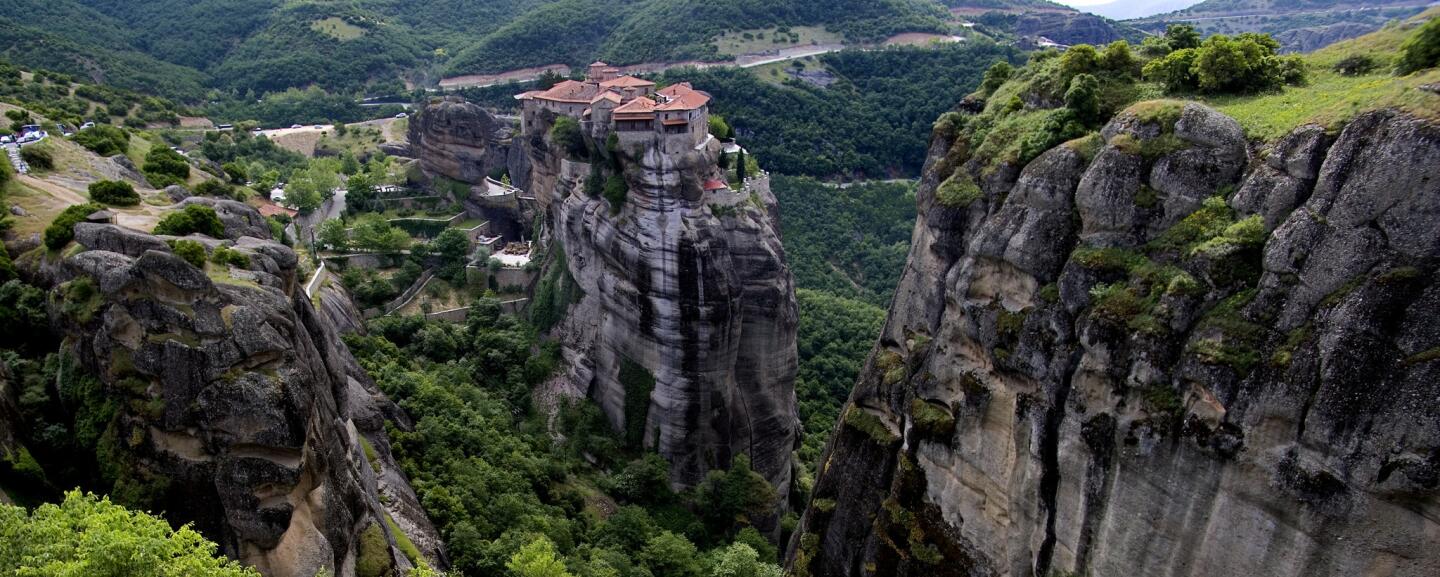 The six monasteries of Metéora are perched on rock pinnacles (in Greek, "Metéora" means "suspended in the air"), some built as high as 1,800 feet. The monasteries date as far back as the 14th century, when monastic living was embraced by the surrounding region. Though six remain, 24 were originally built. More photos...